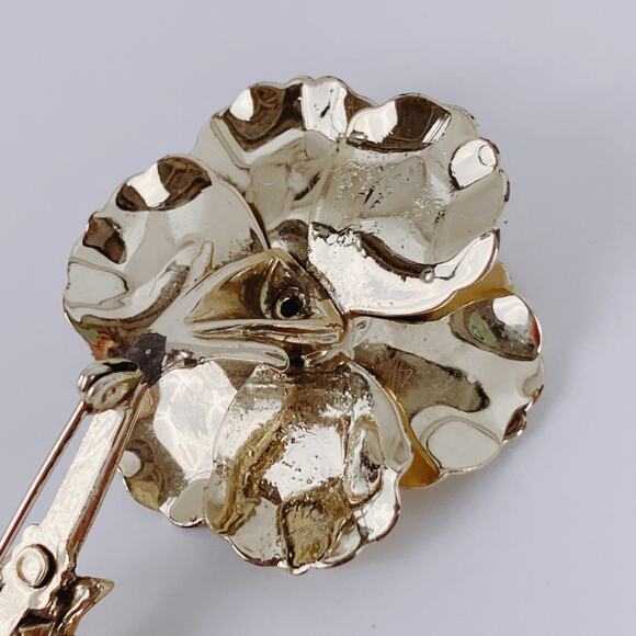 Vintage 50s 60s Gold Tone Flower Brooch Aurora Borealis Rhinestone Large Pin - Picture 11 of 12